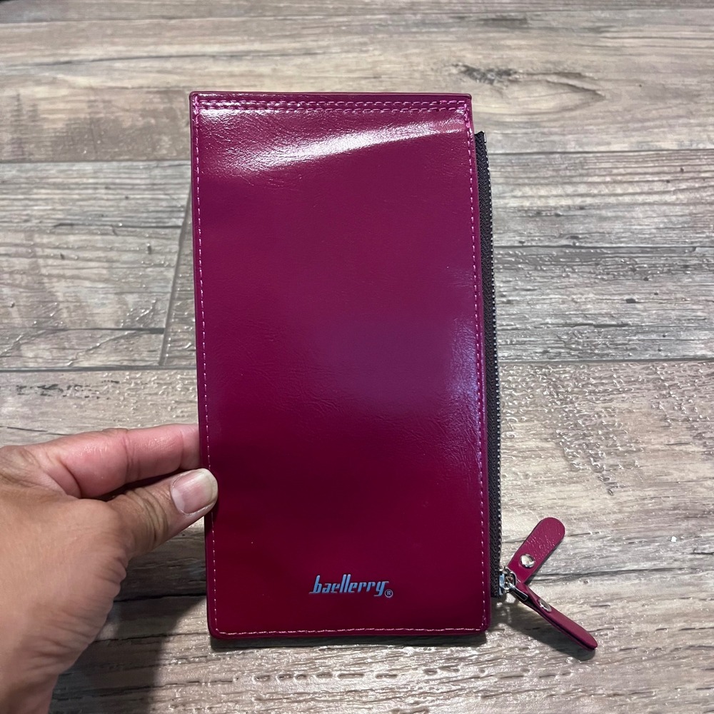Baellerry Magenta Pink Glossy Slim Bifold Wallet 17 Slots Dual Zipper‎ Pocket